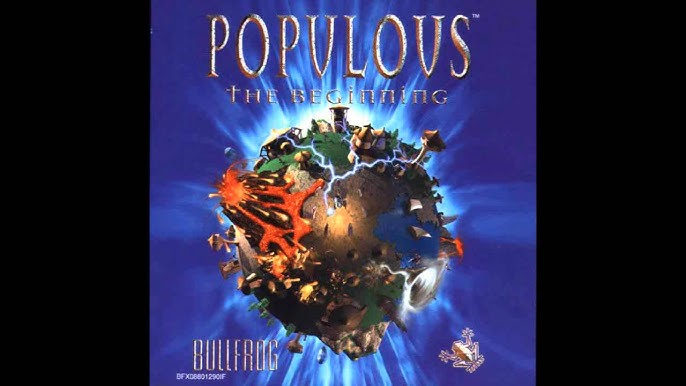 The image is the cover art for the video game 'Populous: The Beginning' by Bullfrog. It features a stylized, floating globe…