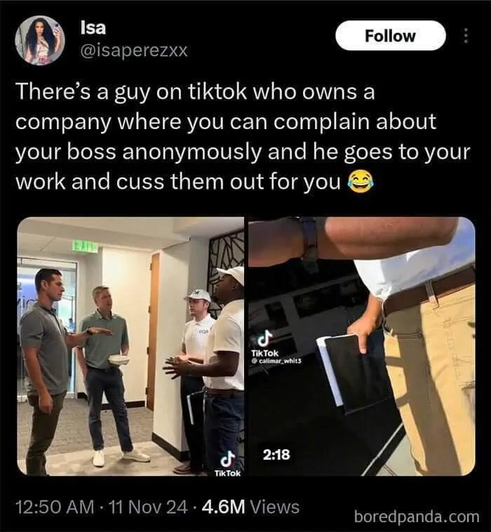 A screenshot of a TikTok post by user Isa (@isaperezxx) shows two side-by-side images: one of four men in an office hallway…