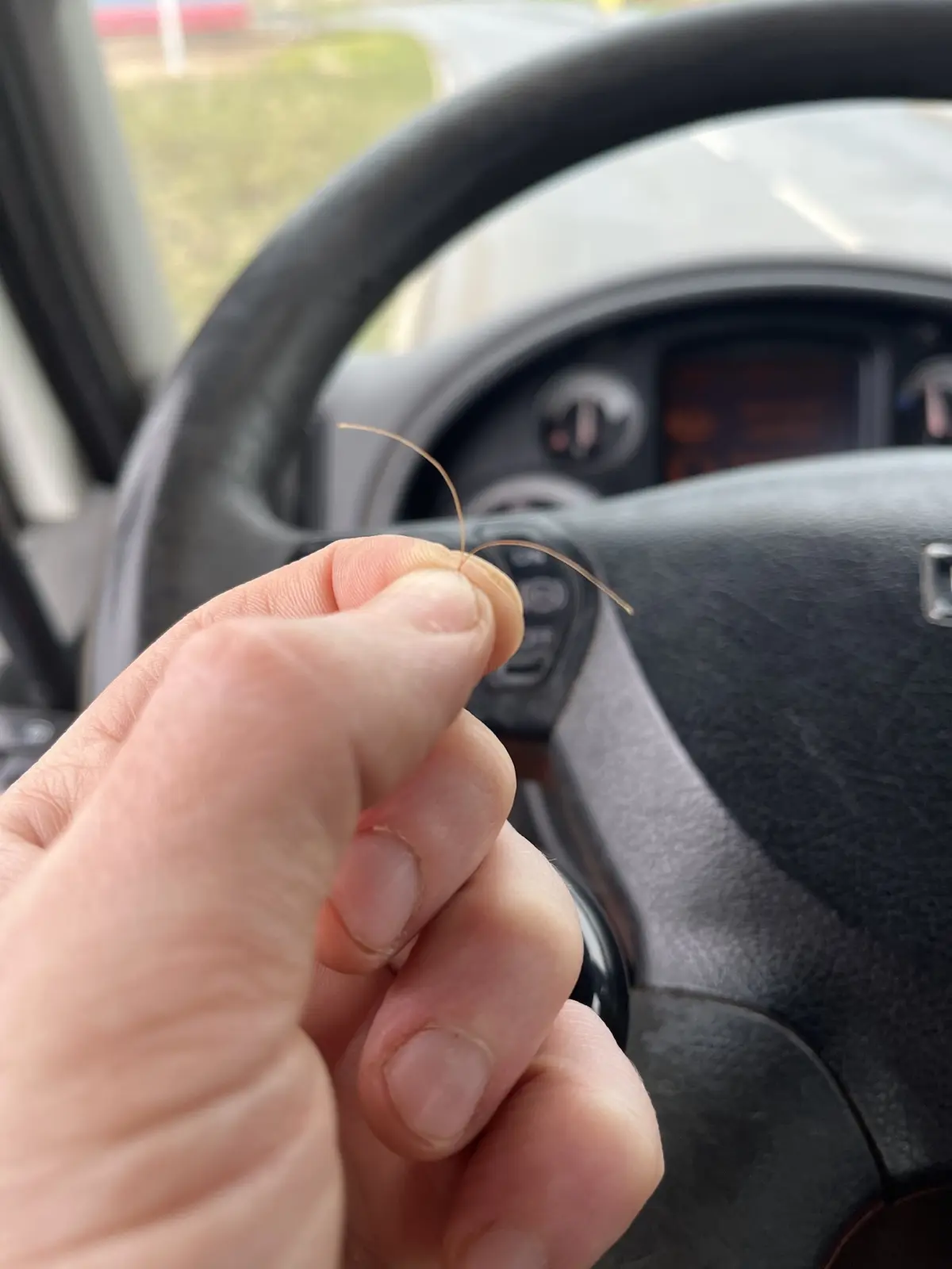 A close-up photo shows a person's hand holding a single, thin, light-brown hair between their thumb and forefinger. The…