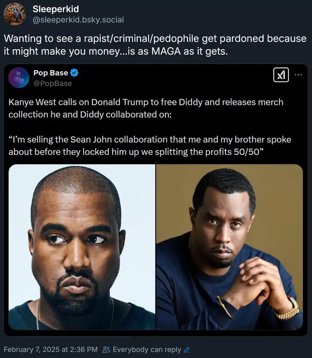 The image displays a screenshot of a social media post showing two side-by-side portraits: Kanye West looking sideways with…