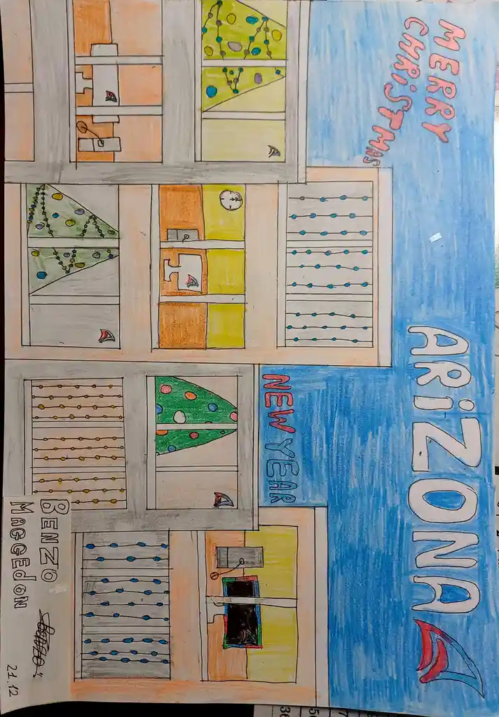 A child's hand-drawn, colorful illustration of a city block with multiple windows, each showing different holiday…