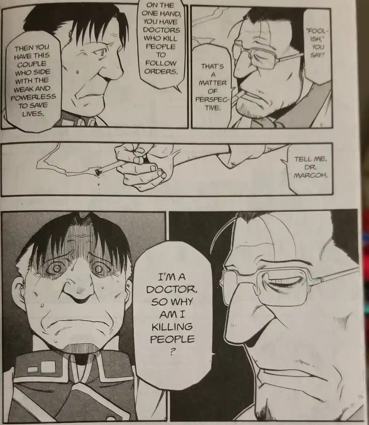 A black-and-white manga panel shows a doctor in uniform asking himself why he is killing people, after a philosophical…