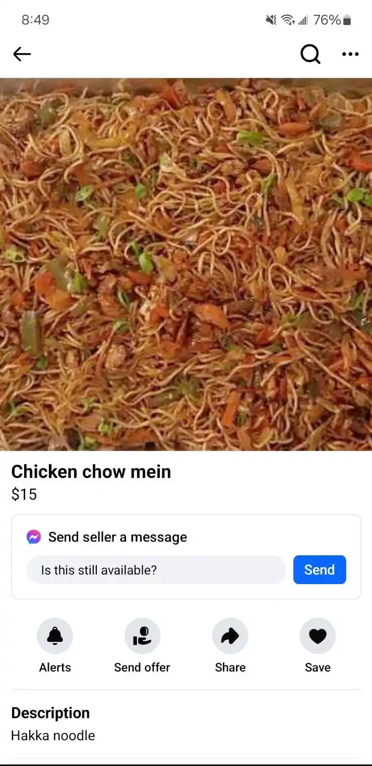 A screenshot of a food listing for 'Chicken chow mein' priced at $15, showing a close-up of the dish with noodles…