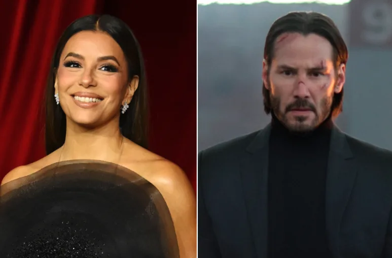The image is a split-screen meme featuring a smiling woman in a black dress on the left and a bruised, serious-looking Keanu…