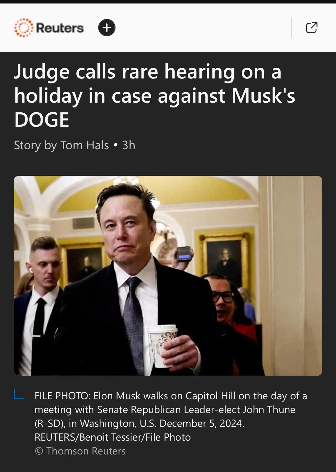 A Reuters news article screenshot shows a photo of Elon Musk in a suit holding a coffee cup, with the headline 'Judge calls…