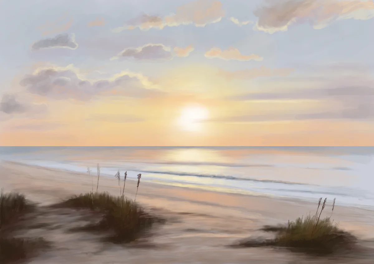A serene digital painting of a beach at sunset, featuring a calm ocean, soft sand dunes with sparse grasses, and a sky with…