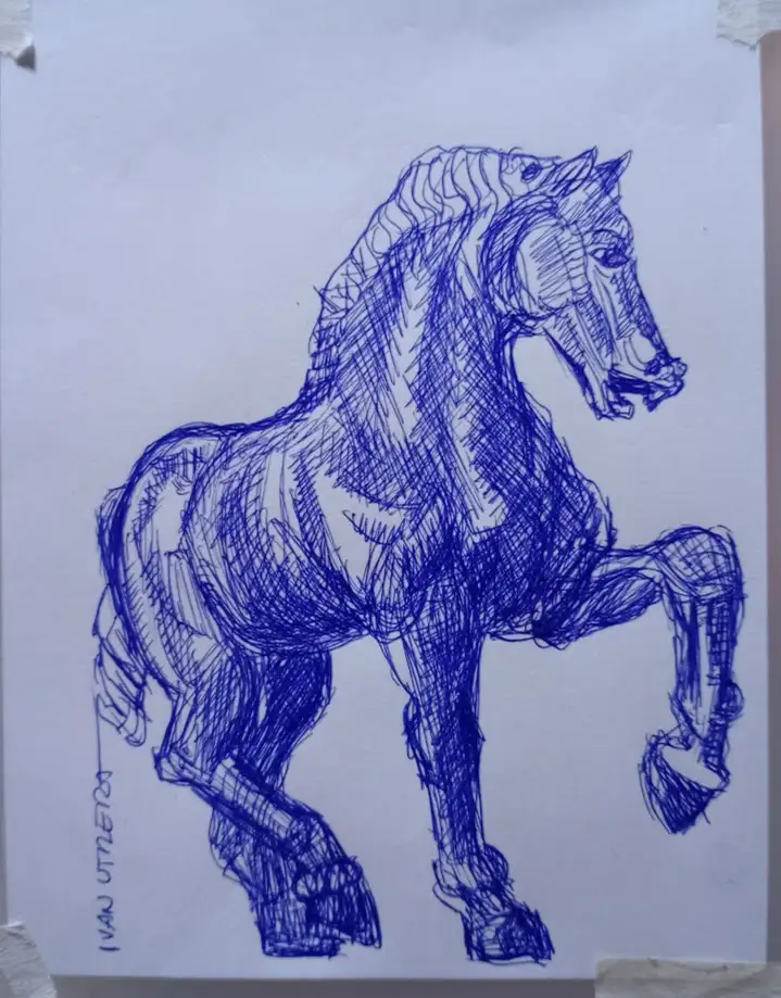 A blue ink sketch of a horse standing on its hind legs with one front hoof raised, drawn with heavy cross-hatching on white…