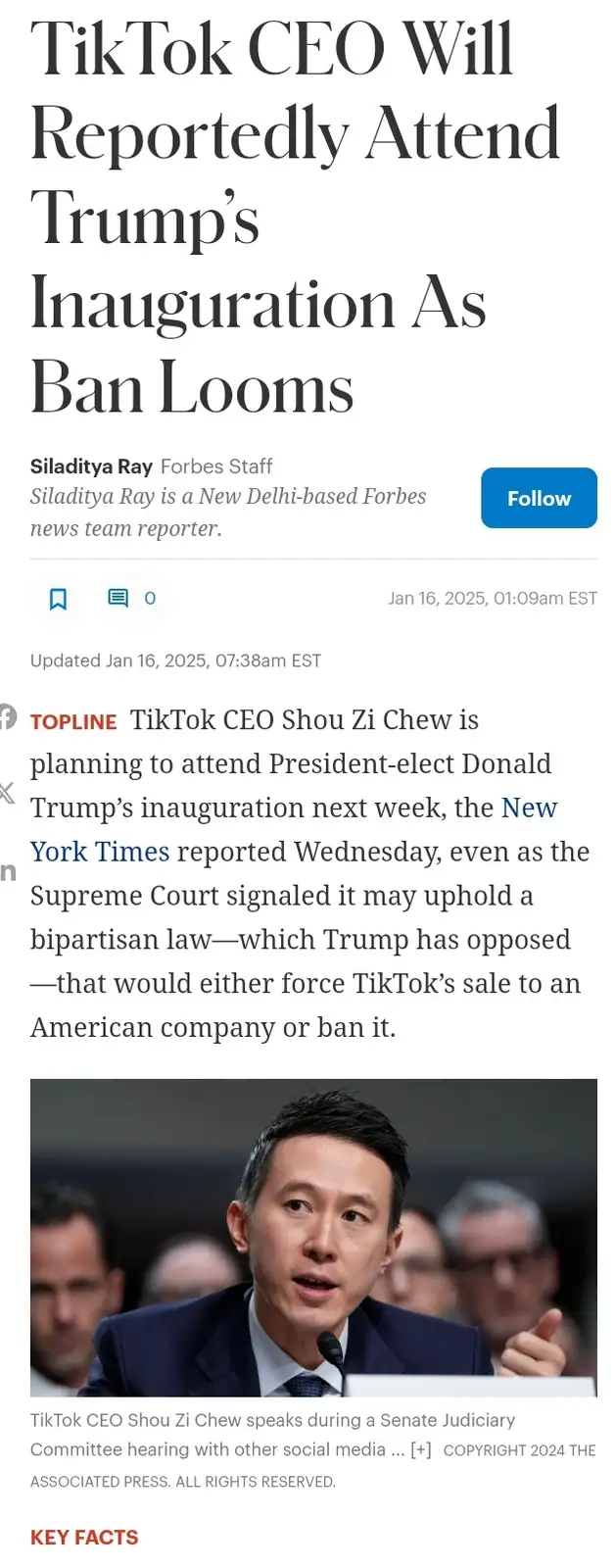 A screenshot of a Forbes news article from January 2025, featuring a headline about TikTok CEO Shou Zi Chew reportedly…