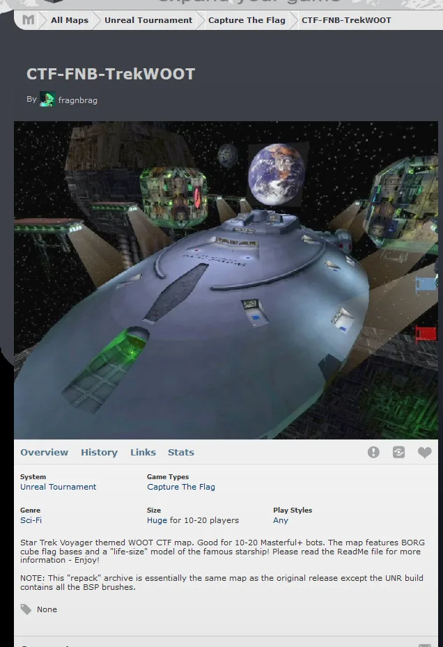A screenshot of a game map page for 'CTF-FNB-TrekWOOT' from Unreal Tournament, showing a Star Trek Voyager-themed capture…