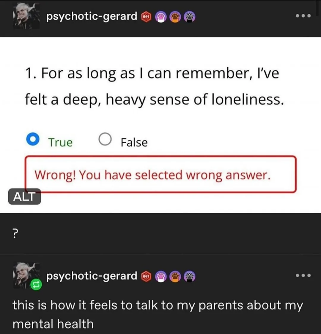 A screenshot of a quiz interface shows the statement 'For as long as I can remember, I've felt a deep, heavy sense of…