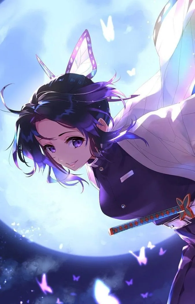 An anime girl with purple hair, butterfly-like ears, and a sword at her hip smiles gently against a bright blue sky filled…