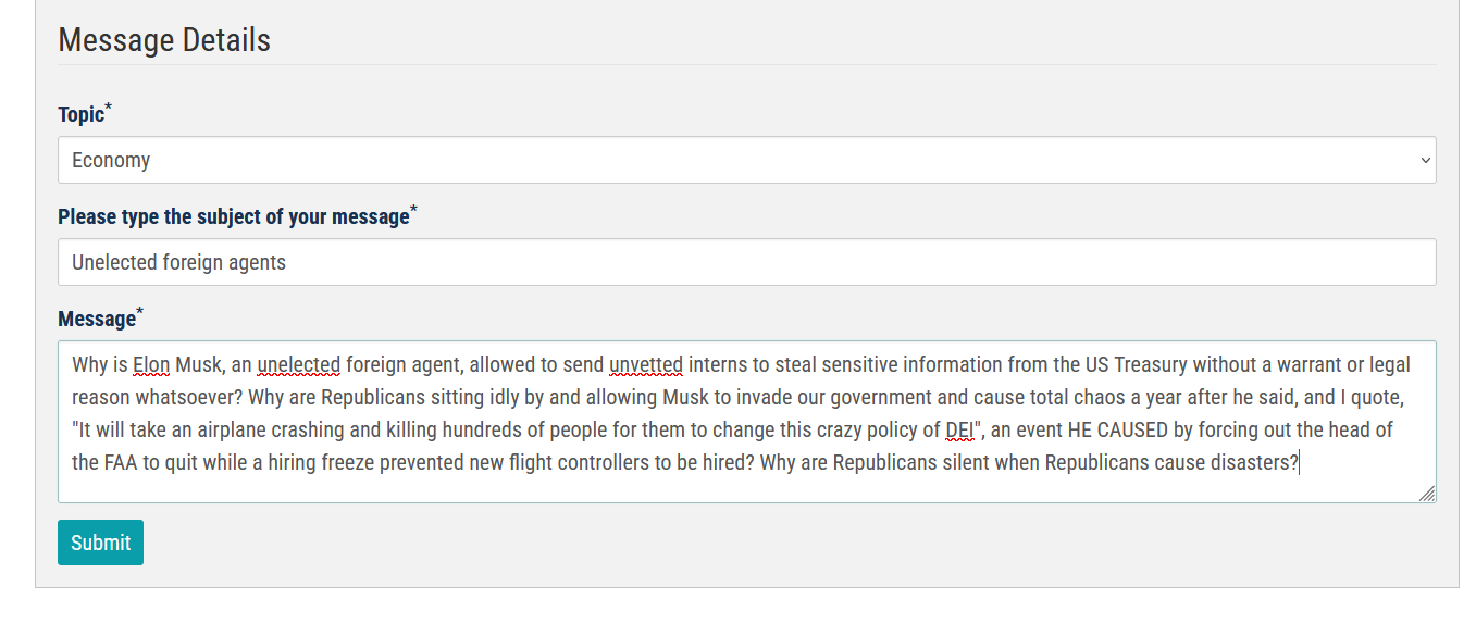 A screenshot of a government message form with 'Economy' selected as the topic. The subject field reads 'Unelected foreign…