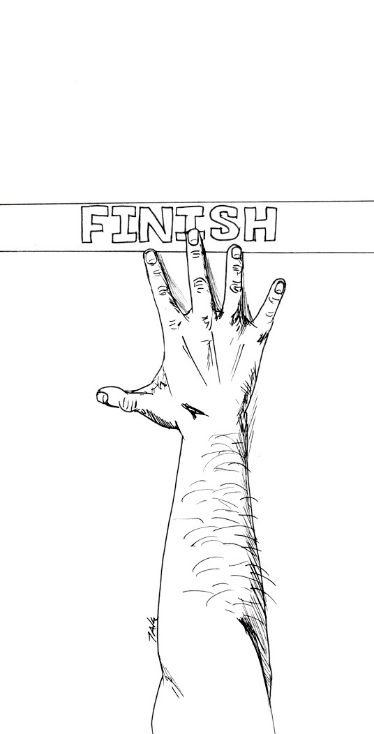 A black-and-white line drawing shows a hairy arm reaching upward with an open hand, fingers just barely touching a…