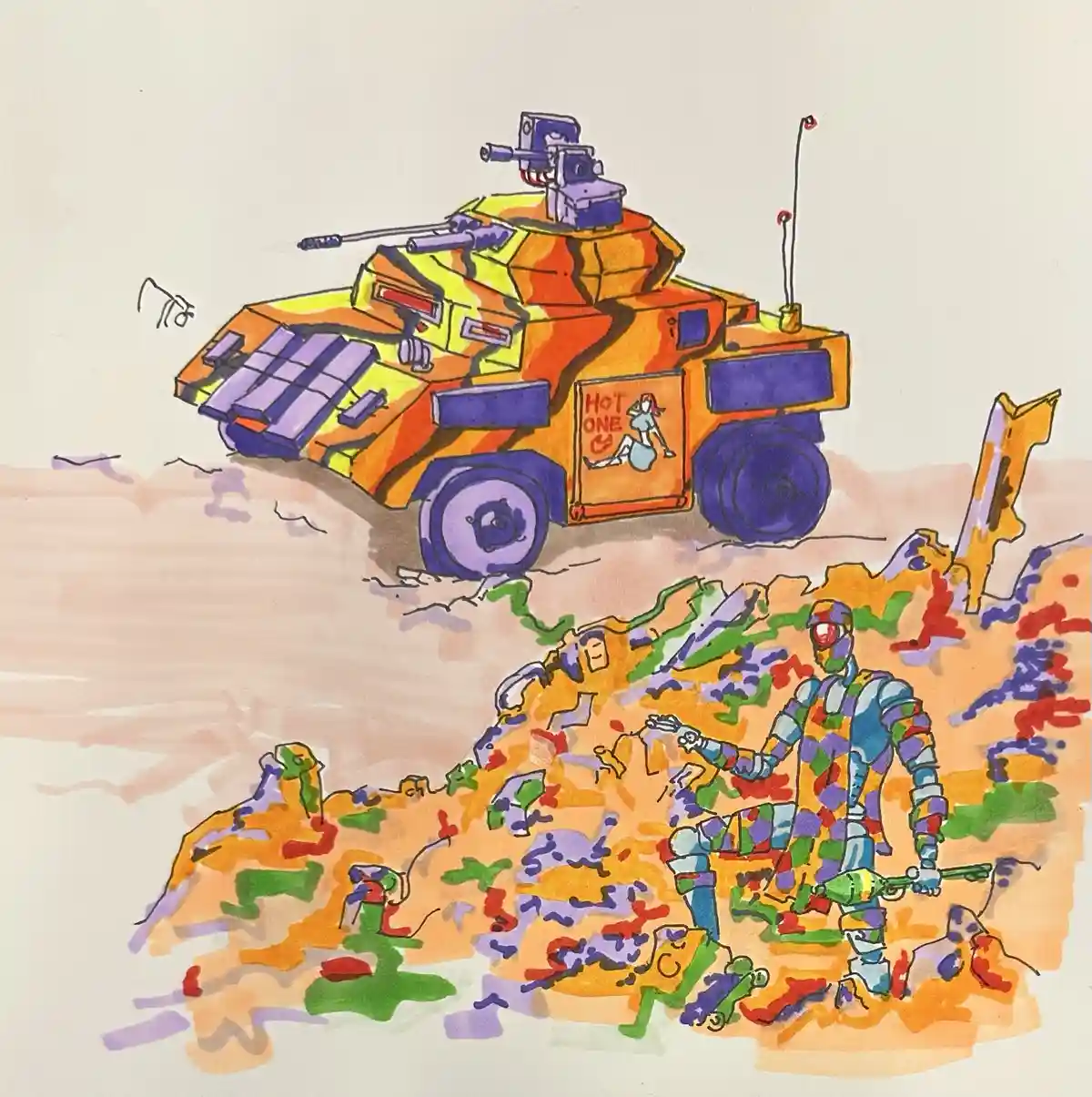 A colorful, cartoonish drawing shows a military-style armored vehicle with 'HOT ONE' and a pin-up girl logo on its side…