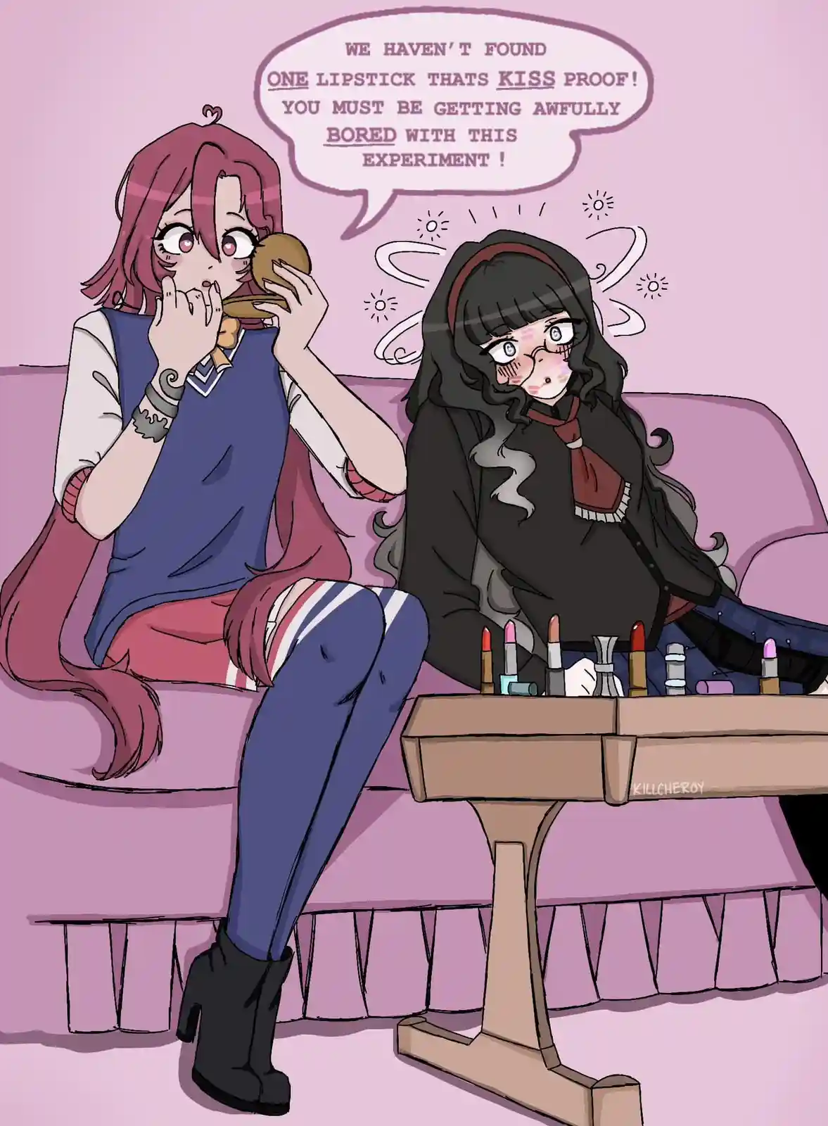 Two anime-style girls sit on a pink couch; one with pink hair eats a cookie while the other with dark hair looks flustered…