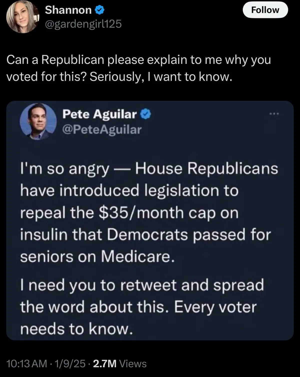 A screenshot of a tweet by Shannon (@gardengirl125) asking for an explanation from Republicans about voting for a bill. The…