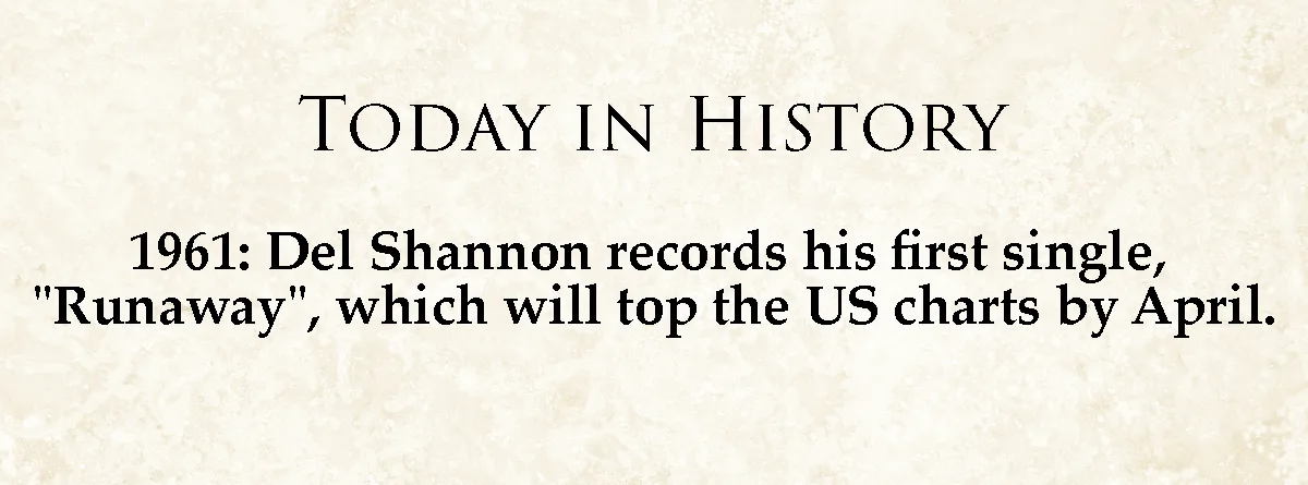 The image displays a beige, textured background with black serif text. The top line reads 'TODAY IN HISTORY'. Below it, the…