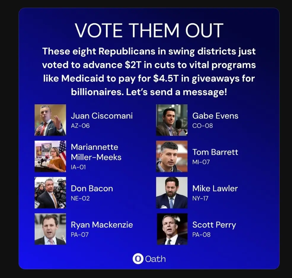 A blue political graphic lists eight Republican politicians with their photos and district numbers, urging voters to 'VOTE…