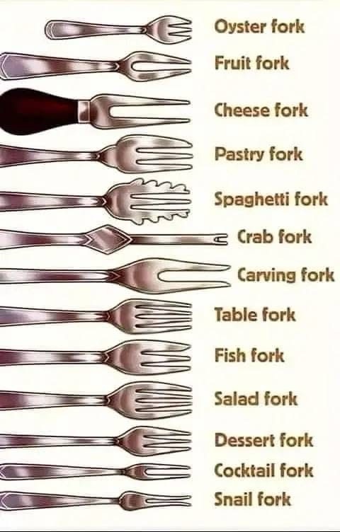 An illustrated vertical list of 13 different types of forks, each labeled with its specific name, including oyster, fruit…