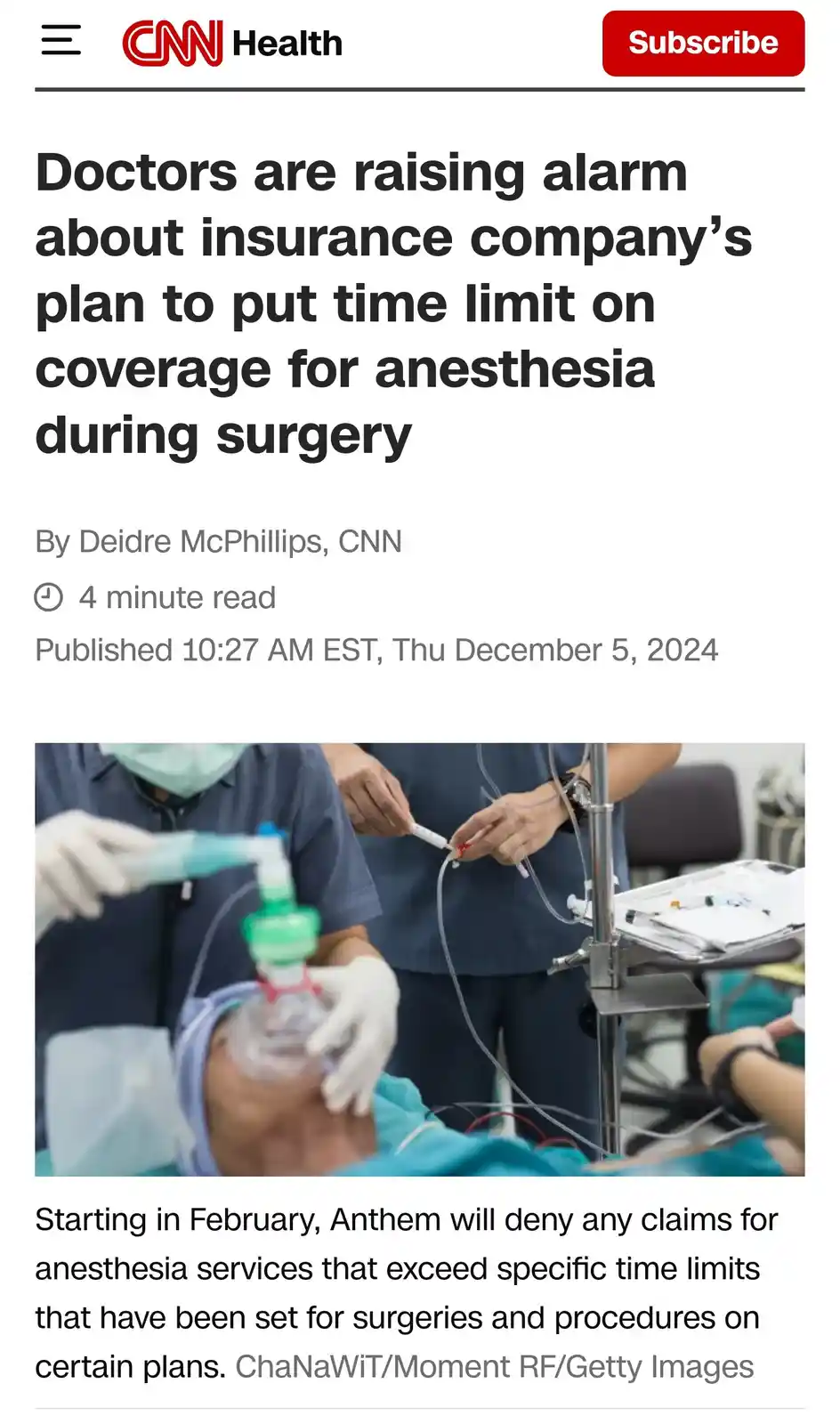 A screenshot of a CNN Health article about doctors warning over an insurance company's plan to limit anesthesia coverage…