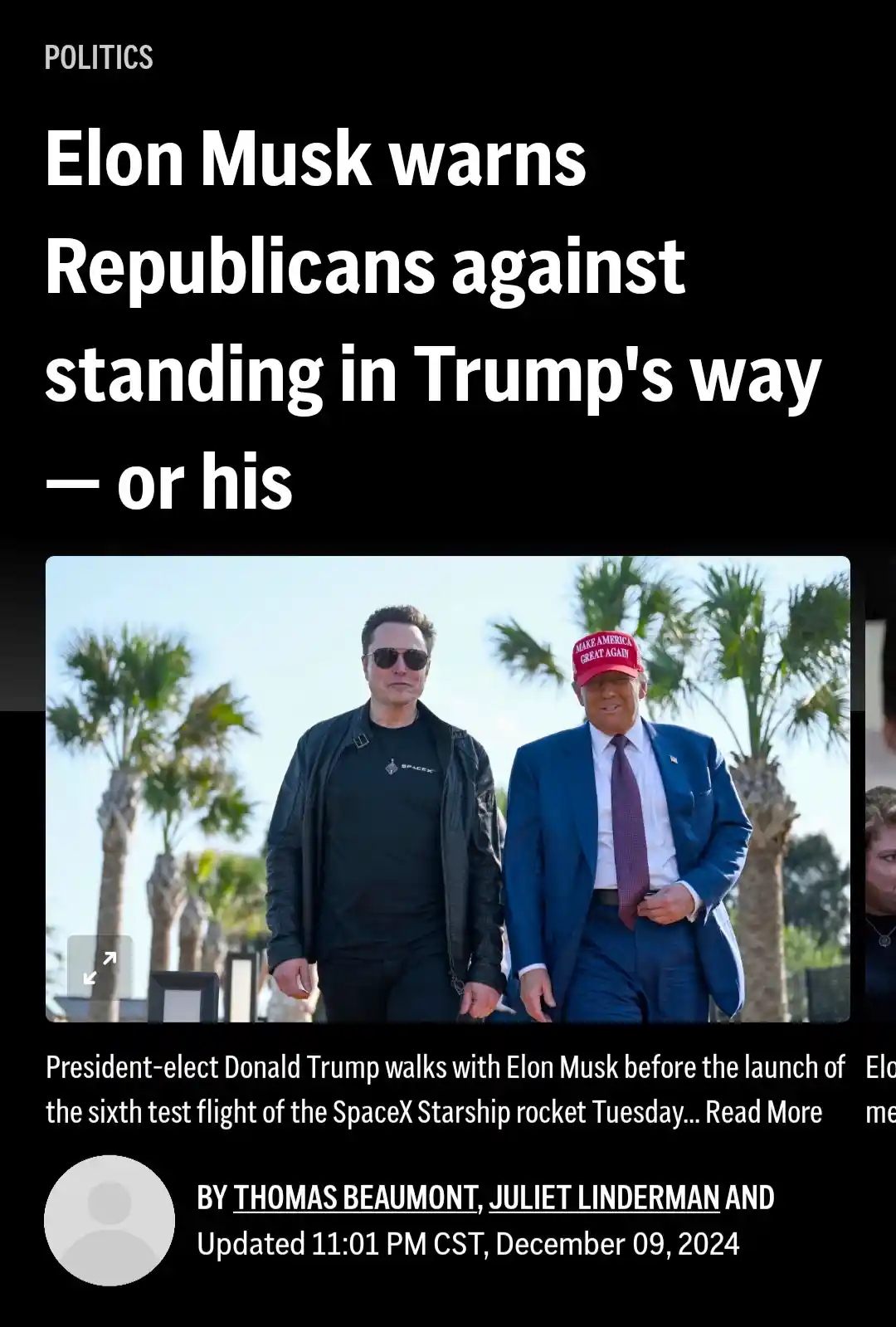 A news article screenshot shows Elon Musk and Donald Trump walking side-by-side outdoors with palm trees in the background…