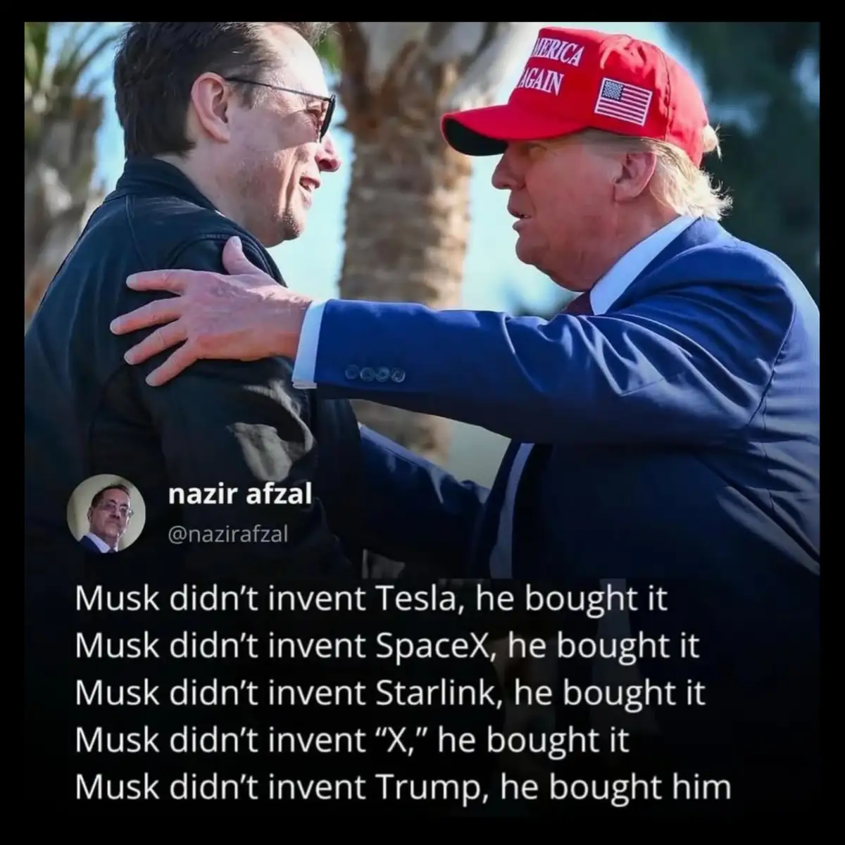 Two men are shown in a photo, one wearing a red 'Make America Great Again' cap and placing his hand on the shoulder of the…