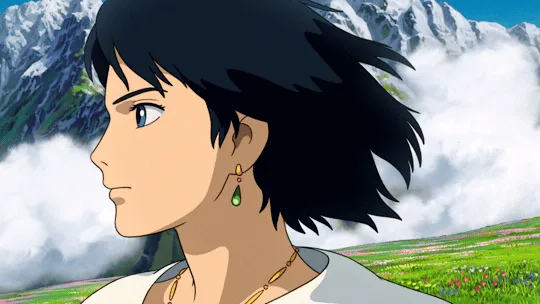 The image shows six panels of an anime character with black hair and green earrings, set against a mountainous landscape…