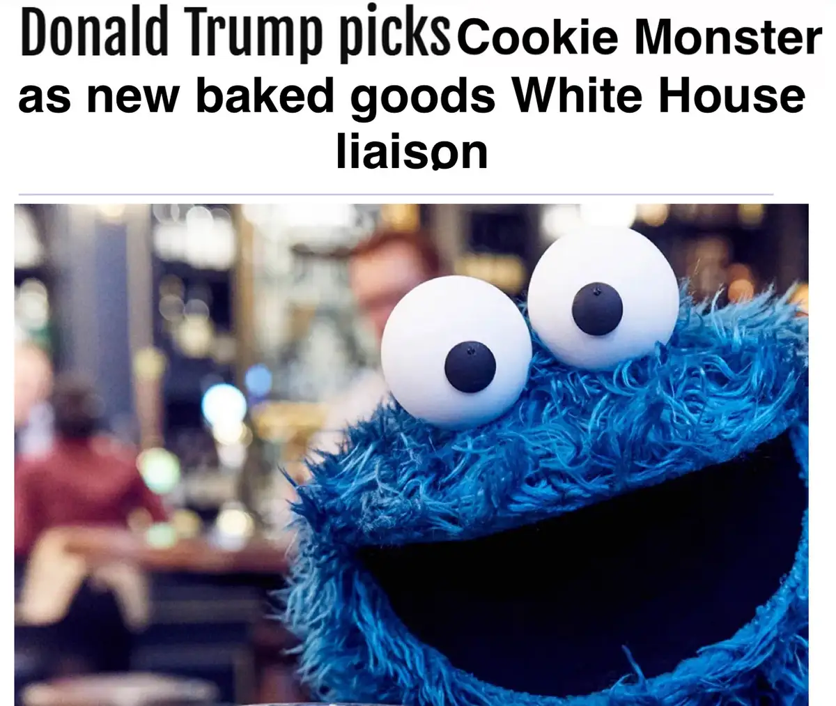 A close-up photo of the blue, furry Cookie Monster puppet with large white eyes and a wide black mouth, set against a…