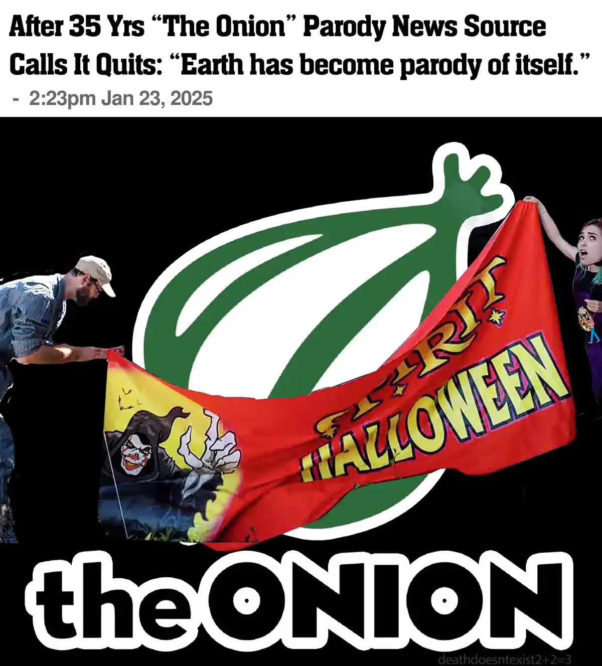 The image displays a parody news headline about 'The Onion' closing after 35 years, overlaid on a photo of two people…