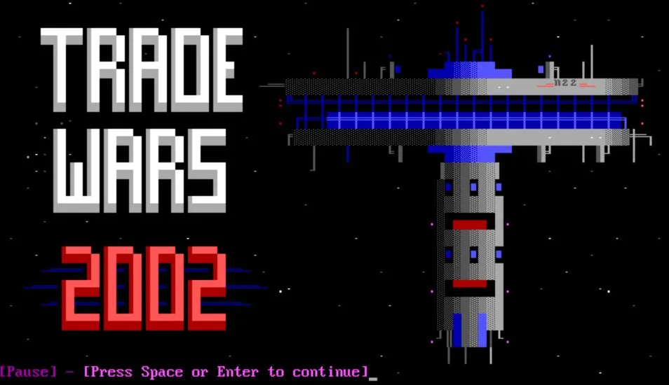 A pixelated screenshot from the 1980s space trading game 'Trade Wars 2002' shows a space station with blue and gray blocks…