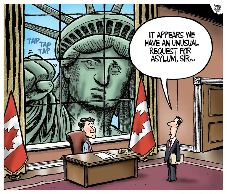 A cartoon depicts the Statue of Liberty tapping on a window from outside an office decorated with Canadian flags. Inside, a…