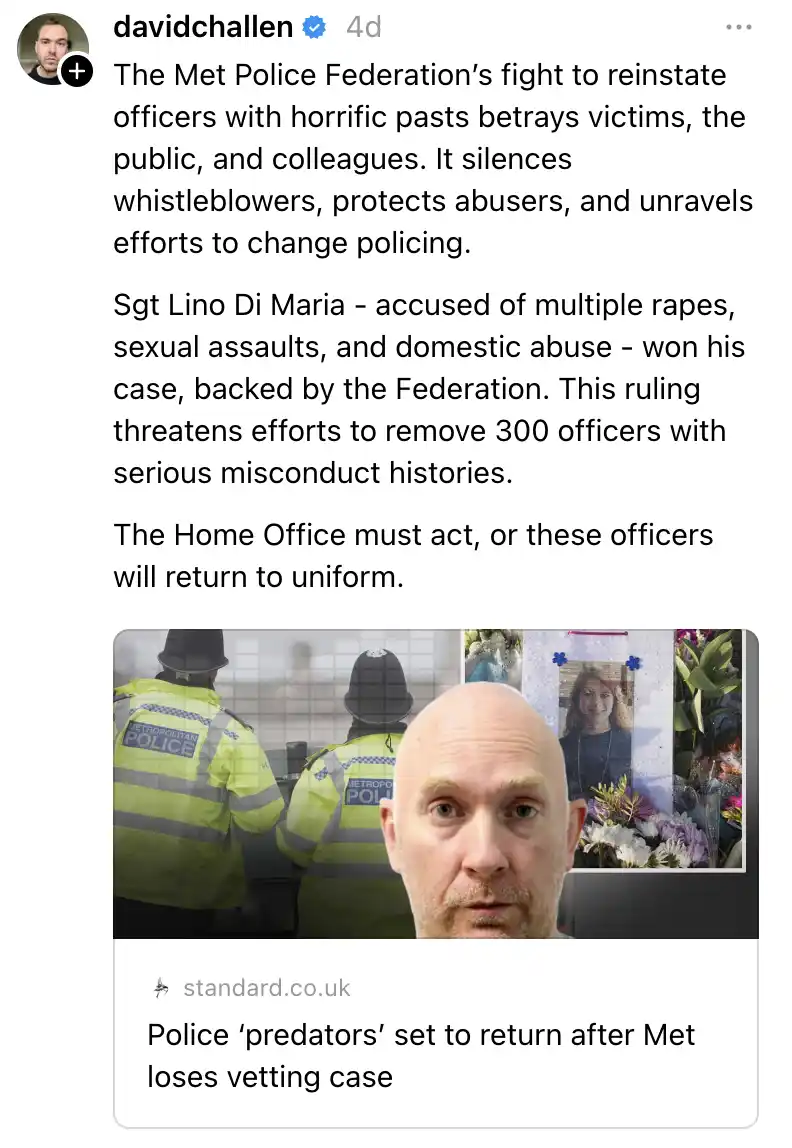 A screenshot of a social media post by davidchallen featuring a news article about the Met Police Federation's stance on…