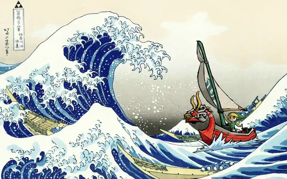 The image is a digitally altered version of Katsushika Hokusai's famous woodblock print 'The Great Wave off Kanagawa,'…