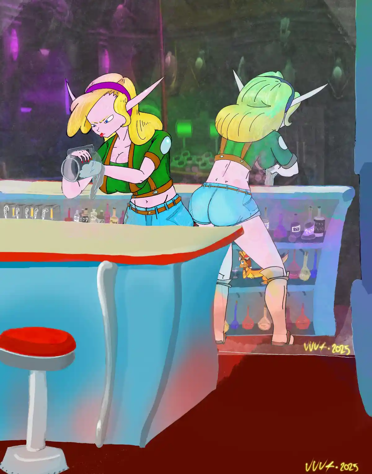 Two elf-like female bartenders with pointed ears and blonde hair are behind a bar, one wiping a glass while the other leans…