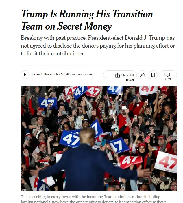 A screenshot of a news article with the headline 'Trump Is Running His Transition Team on Secret Money' overlaid on a photo…