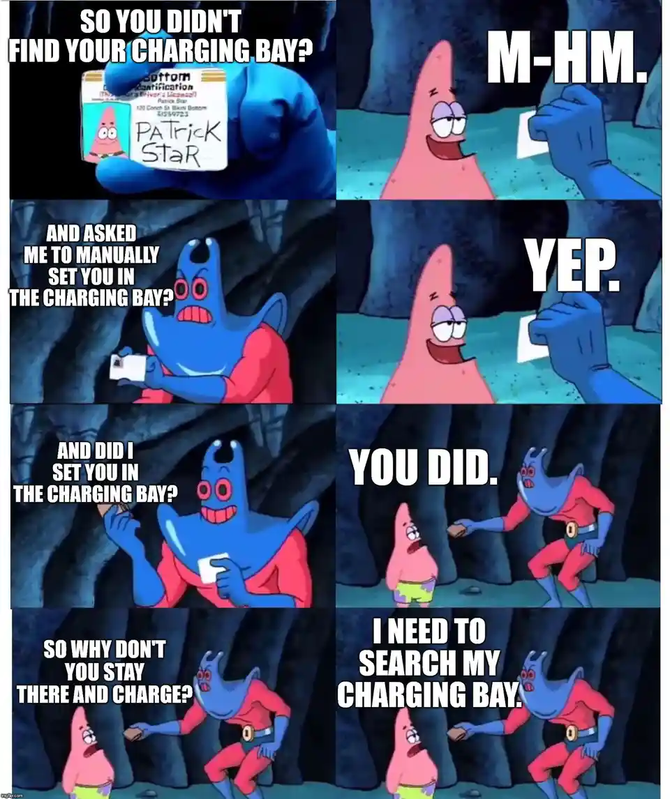 A six-panel meme featuring Patrick Star and a blue alien-like officer from 'SpongeBob SquarePants'. The officer questions…