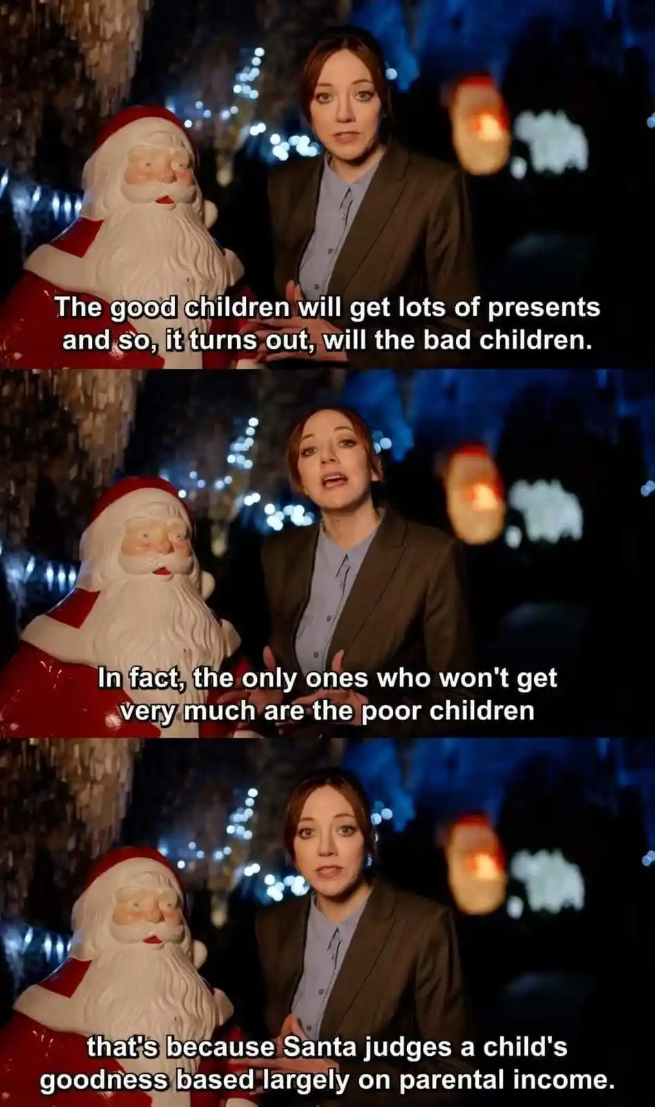 A three-panel meme featuring a woman speaking beside a Santa Claus statue, with overlaid text revealing a cynical twist on…