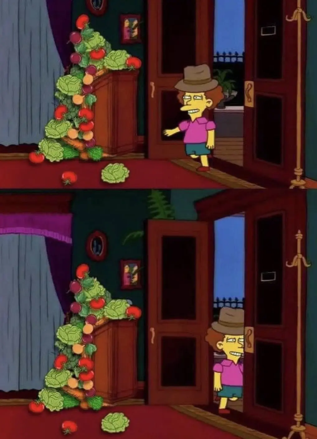 A two-panel image from The Simpsons shows a character in a pink shirt and hat standing in a doorway. In the top panel, he…