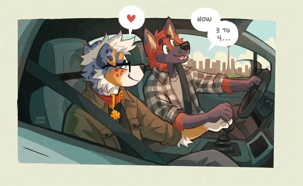Two anthropomorphic animal characters are in a car; the driver, a red fox in a plaid shirt, is shifting gears and says 'NOW…