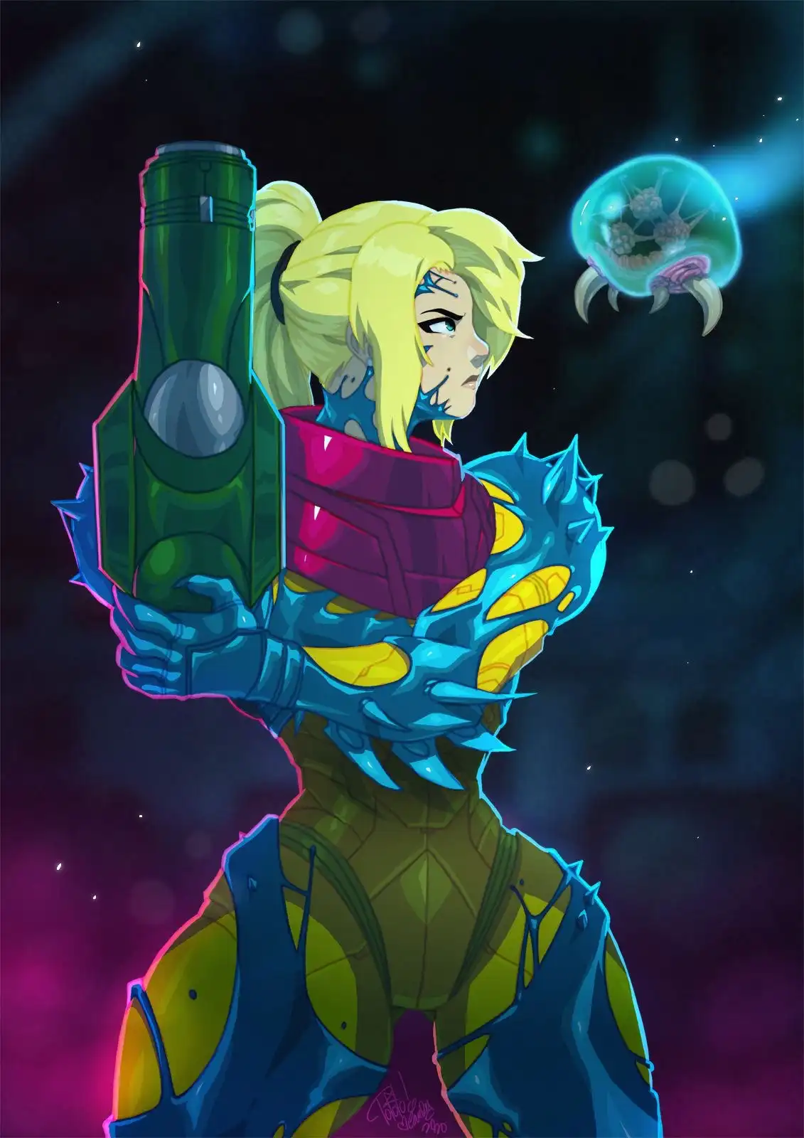 A stylized anime character with blonde hair and blue armor holds a large green weapon, looking annoyed at a glowing alien…