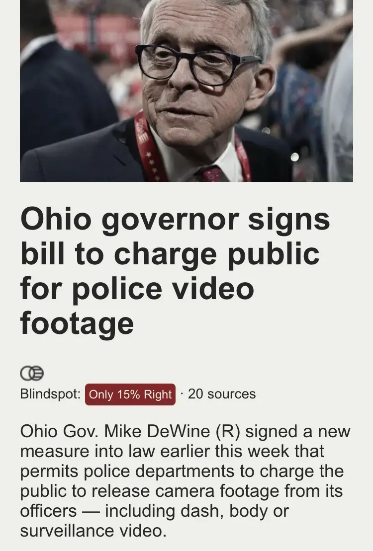 A close-up photo of Ohio Governor Mike DeWine wearing glasses and a suit with a red lanyard, overlaid with bold text stating…