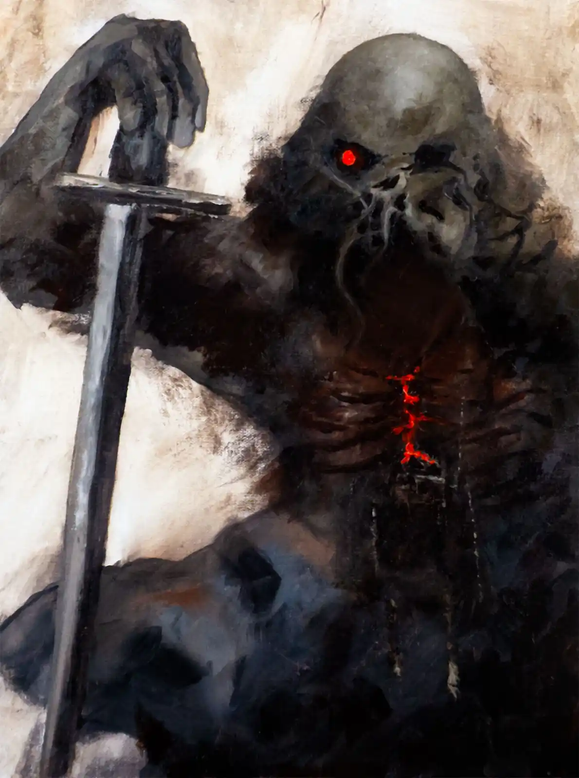 A dark, watercolor-style illustration depicts a menacing, skeletal figure with glowing red eyes and a red glowing wound on…