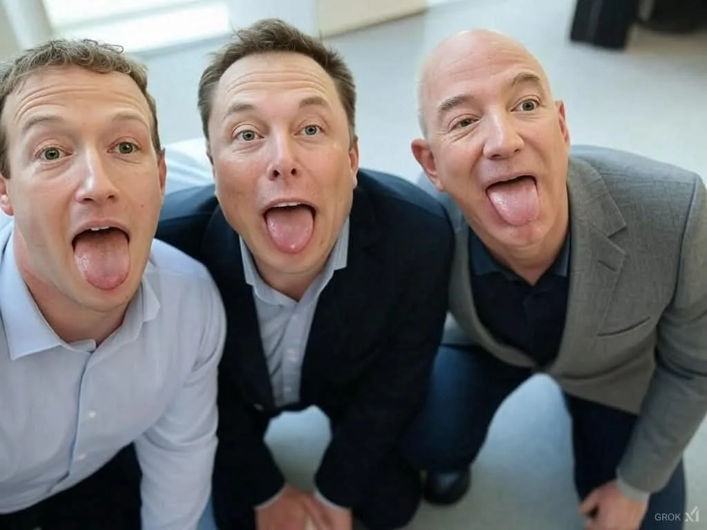 three men, identified as mark zuckerberg, elon musk, and jeff bezos, are photographed from a low angle looking up at the…