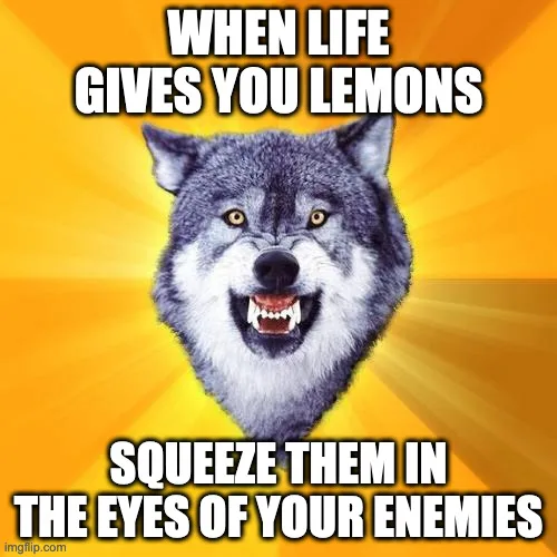 A close-up image of a snarling gray wolf with bared teeth and intense yellow eyes, set against a bright yellow-orange radial…