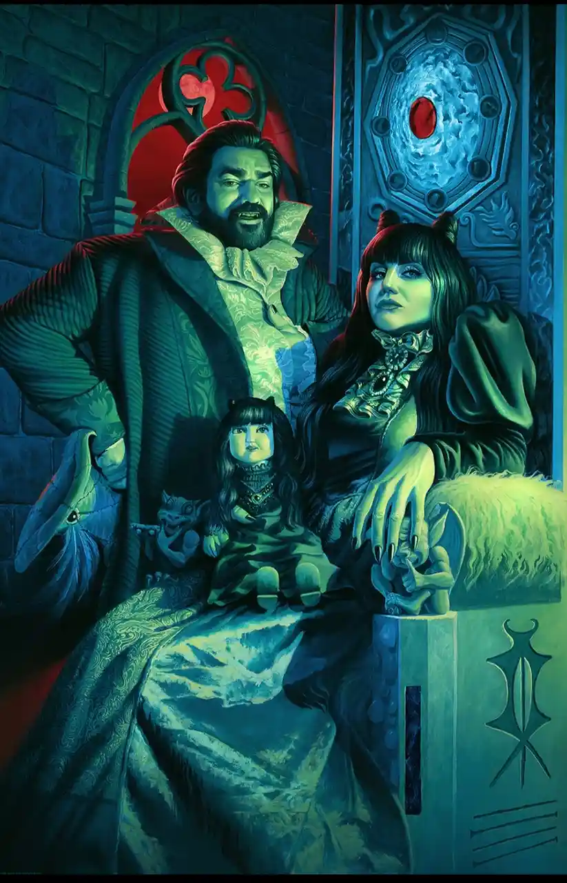 A stylized, dark fantasy illustration depicts a man and woman in ornate, gothic-era clothing seated on a throne-like chair…