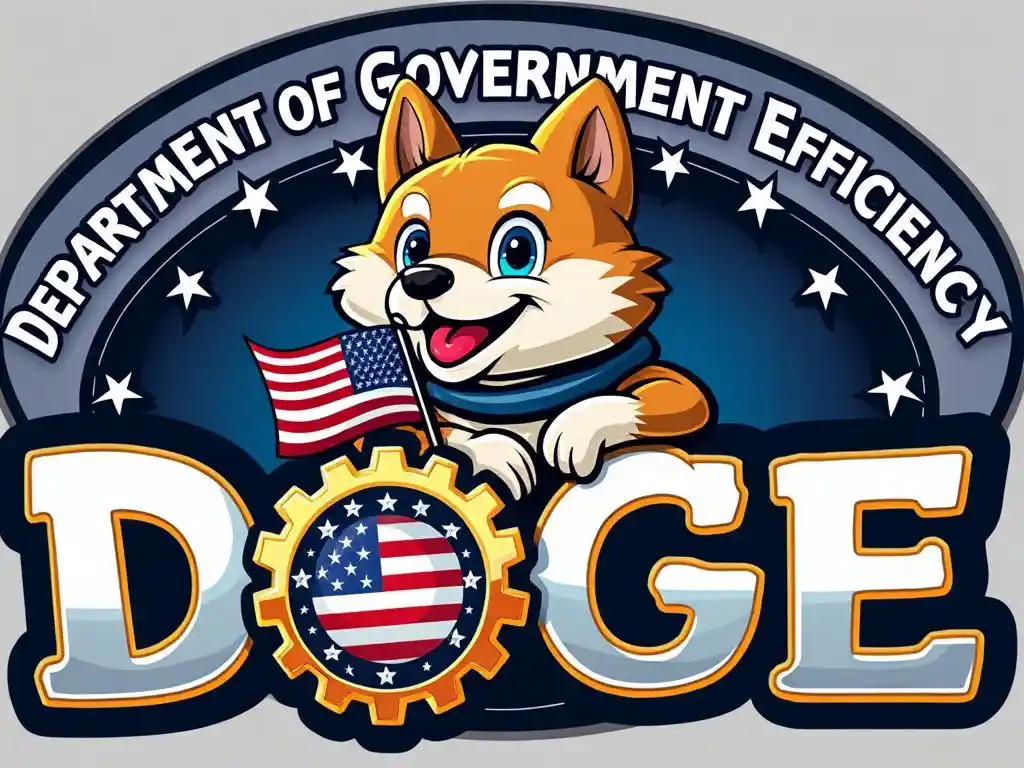 A cartoon fox with blue eyes and a blue scarf holds a small American flag, positioned under the text 'DEPARTMENT OF…