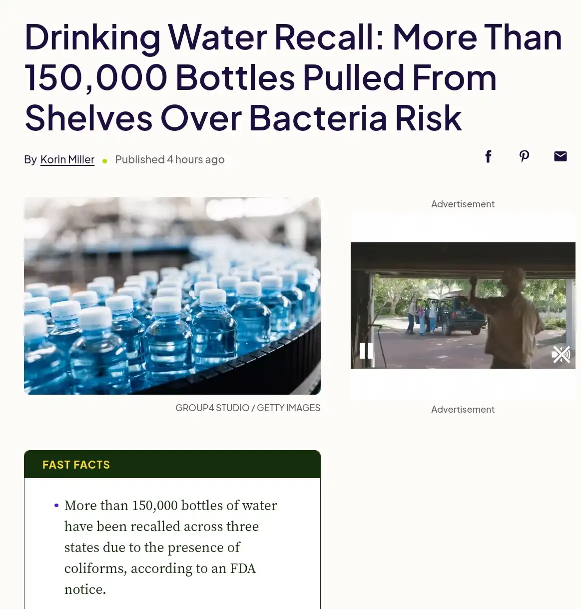 A screenshot of a news article about a water bottle recall, featuring a photo of bottled water on a conveyor belt and a…