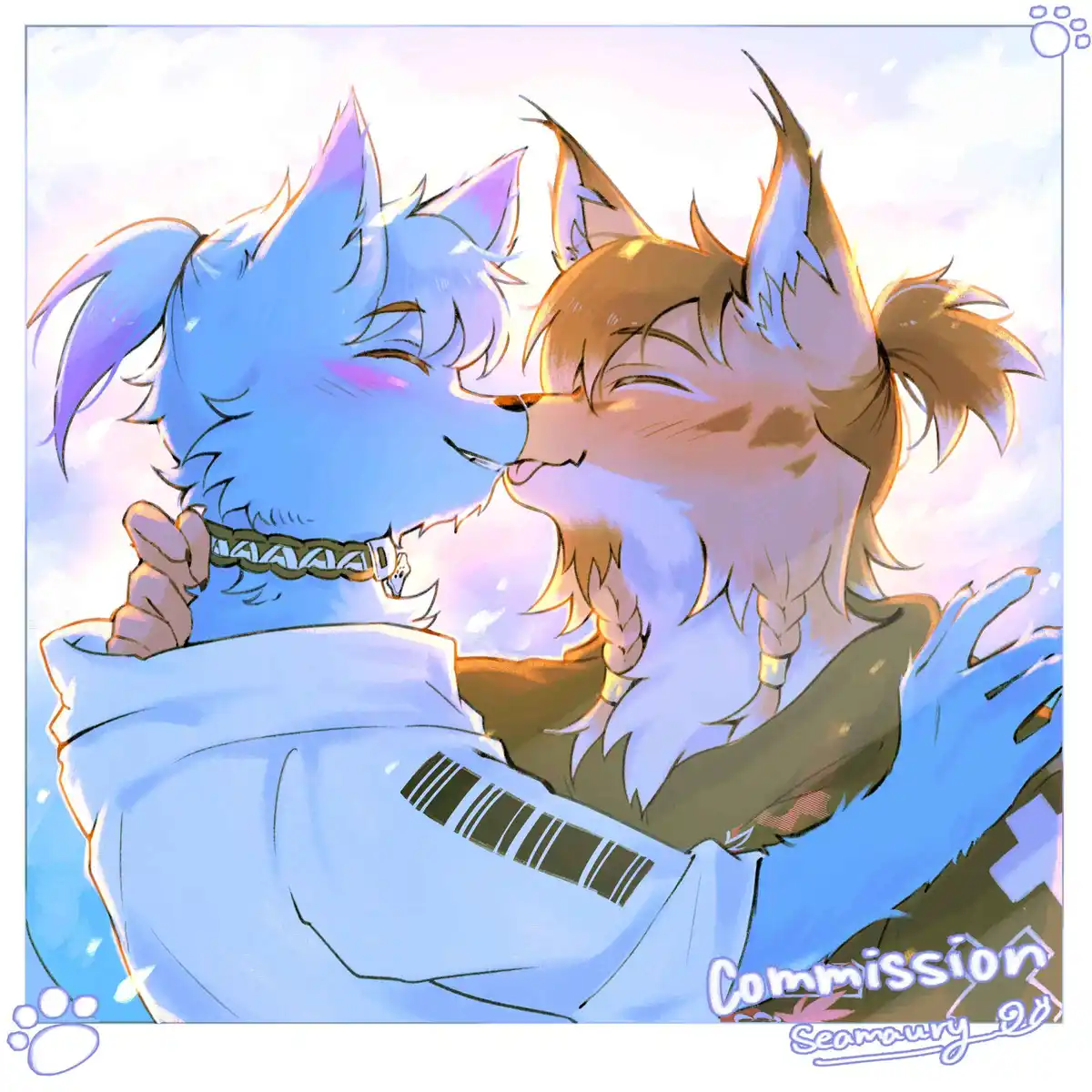 Two anthropomorphic foxes, one blue and one brown, are affectionately nuzzling each other while wrapped in a blanket with a…