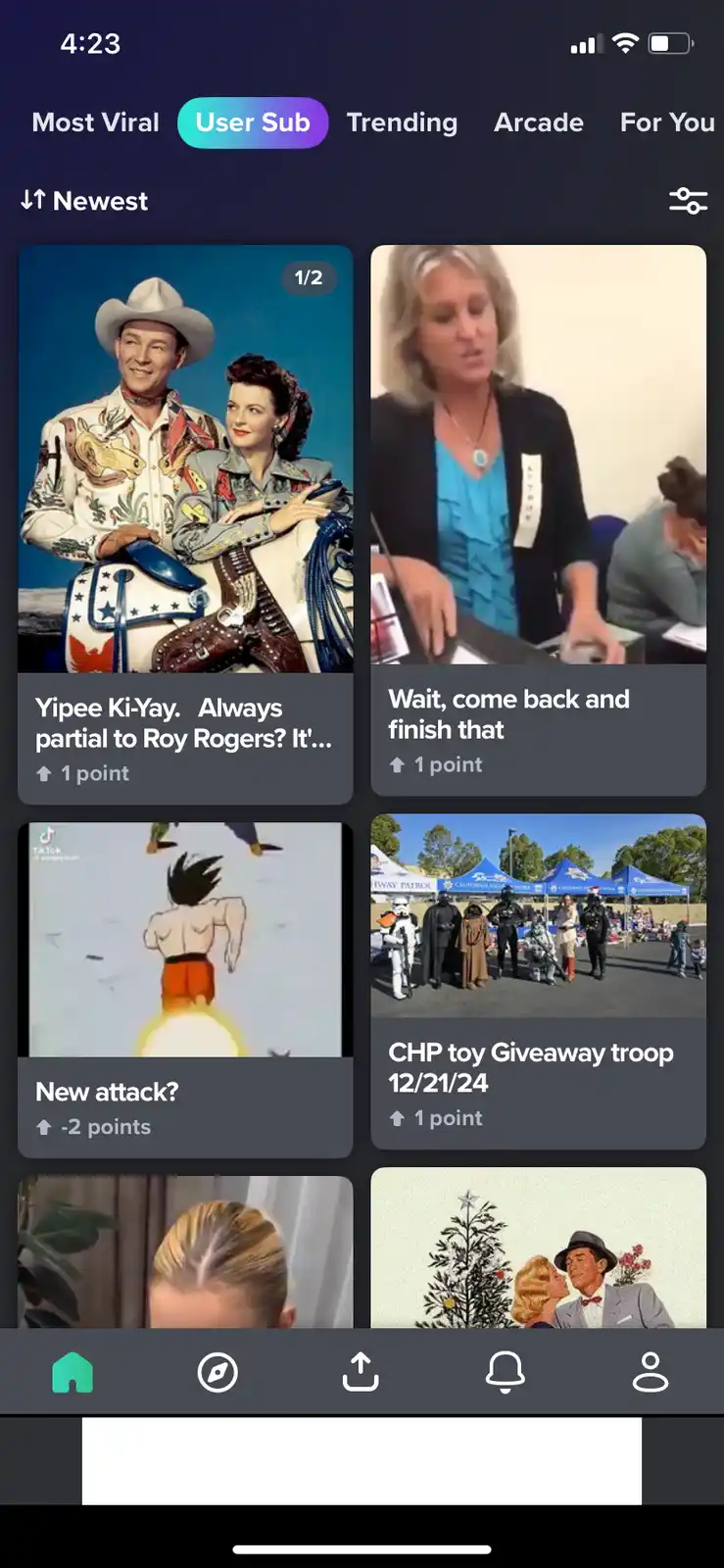 A screenshot of a mobile app interface showing a grid of video thumbnails. The top-left thumbnail is a vintage color…