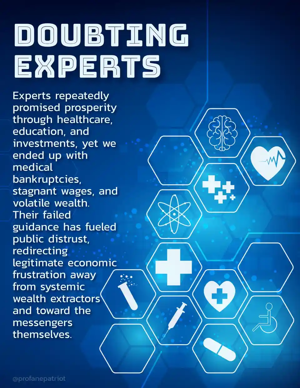 A blue infographic titled 'DOUBTING EXPERTS' features a block of text blaming experts for societal problems and a cluster of…